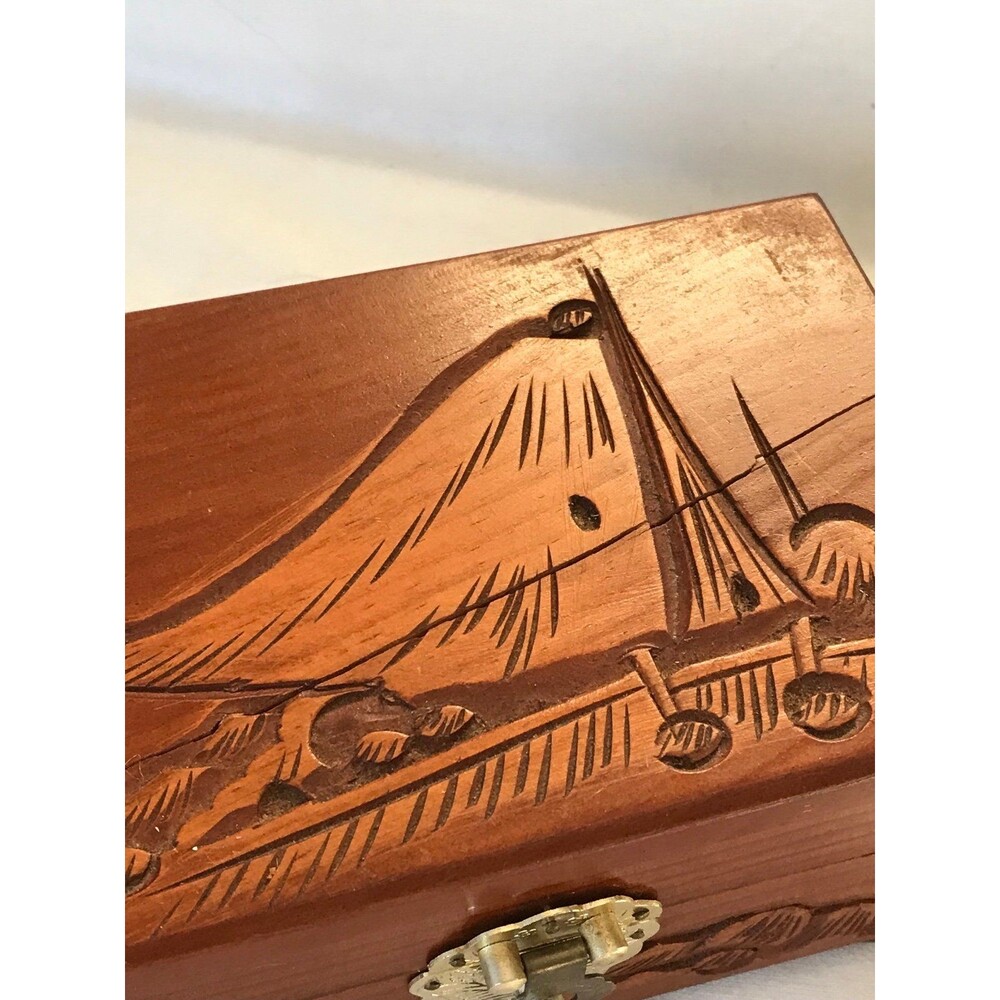 Wooden Jewelry Box with Carved Sailboat boat beach ocean trinket collectible - Picture 8 of 9